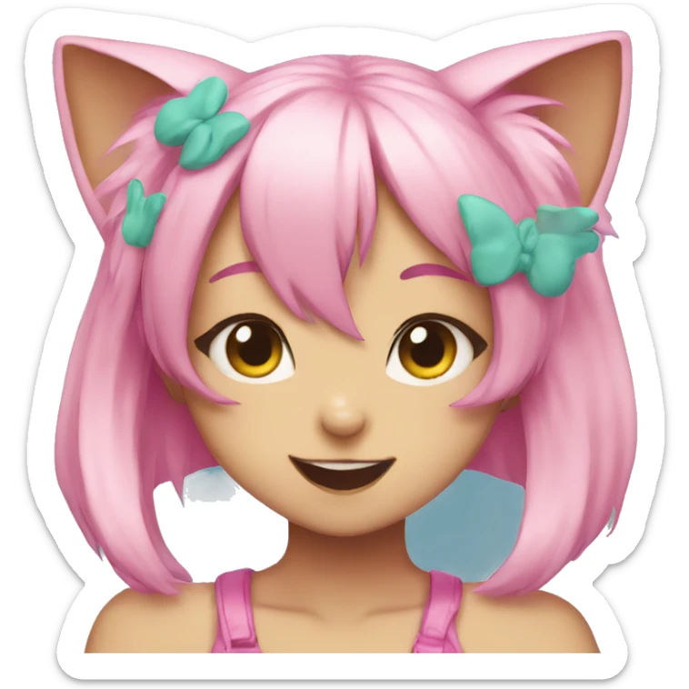 Anime cat girl face pink hair giving peace sign sticker