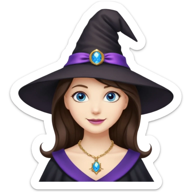 Witchy brunette haired blue eyed white girl with a witty smile a gold necklace and a black witch hat with a purple bow sticker