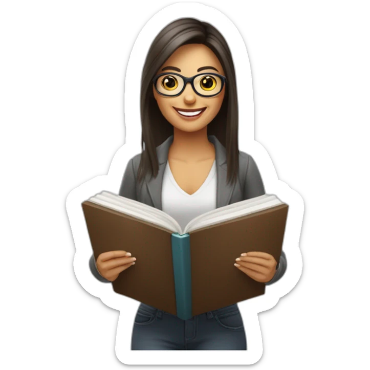 Mujer cabello corto çon lentes, sonriendo con un libro de marketing en la mano sticker