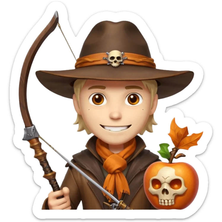 male human monster hunter emoji, wearing brown leather coat and wide hat, holding crossbow or rifle, with amulet shaped like skull, Halloween fantasy theme, confident smile, orange scarf, Apple emoji style, clean white background, square image sticker