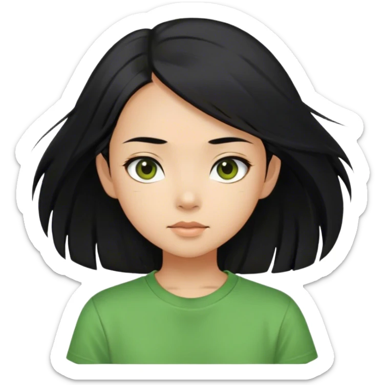Girl with asian looking features, straight shoulder length black hair with slightly tanned skin,wearing a green t shir,dark brown eyes sticker