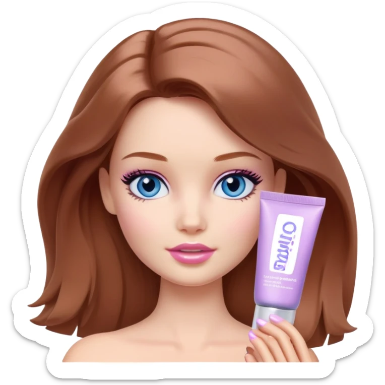 Barbie girl Chestnut Shoulder-length hair and blue eyes is In pale purple smears by hand cosmetic cream on her face sticker