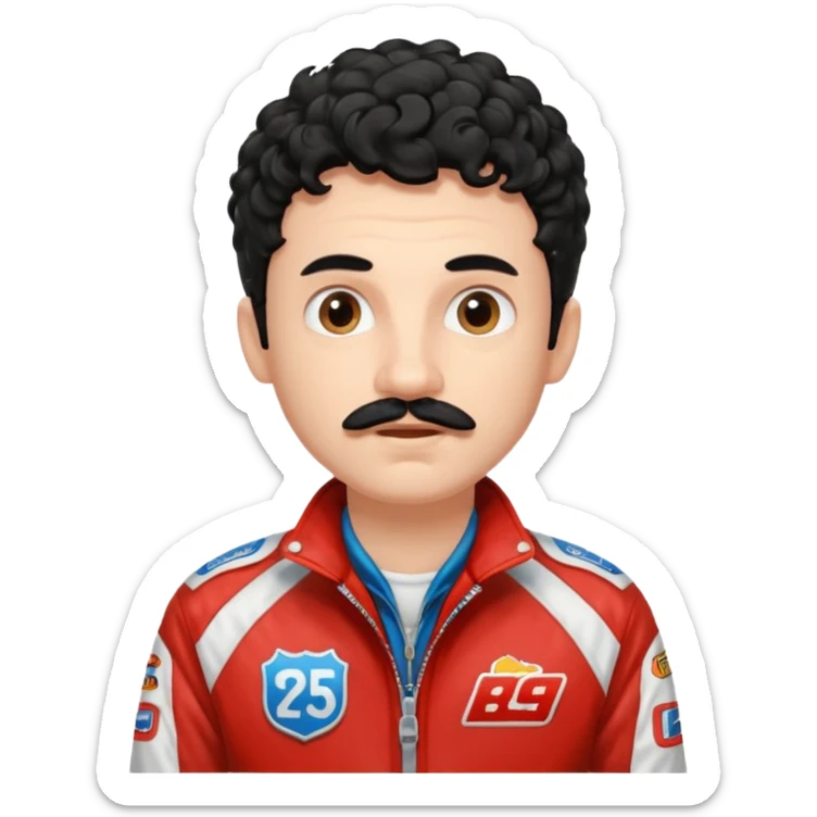 White Boy with curly black hair and a scruffy mustache wearing a race car jacket modern looking into the camera with amazement  sticker