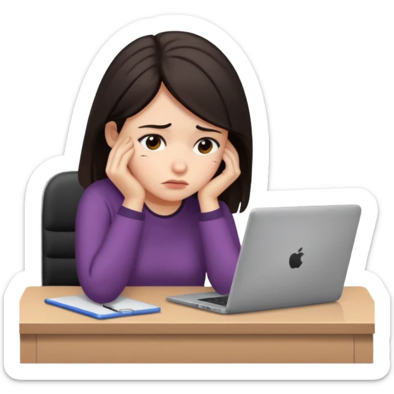  iOS emoji style - An sad and overwhelmed woman sitting at a desk with a laptop - She has dark hair. sticker