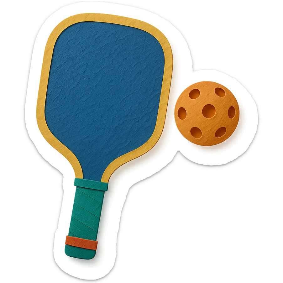 pickleball paddle and ball with Mersin-inspired colors in paper craft style sticker
