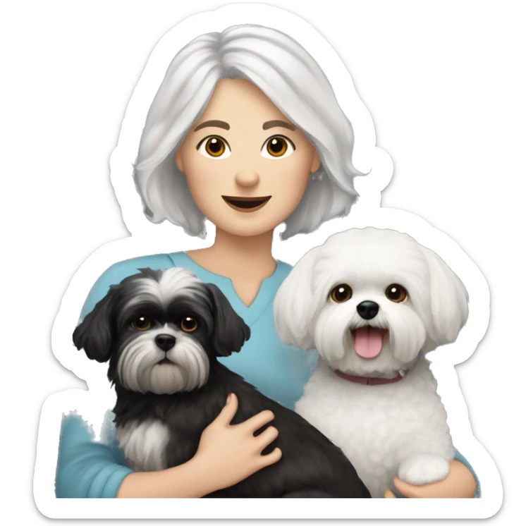 White women with short grey hair holding two dogs one black shih tzu and one white bichon frise sticker