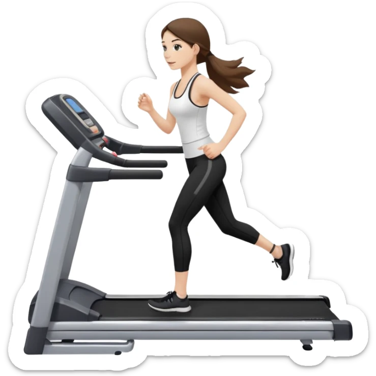 белокожая девушка на беговой дорожке, с правильной анатомией, брюнетка с длинными волосами, в белом топе на тонких лямках и в черных лосинах sticker