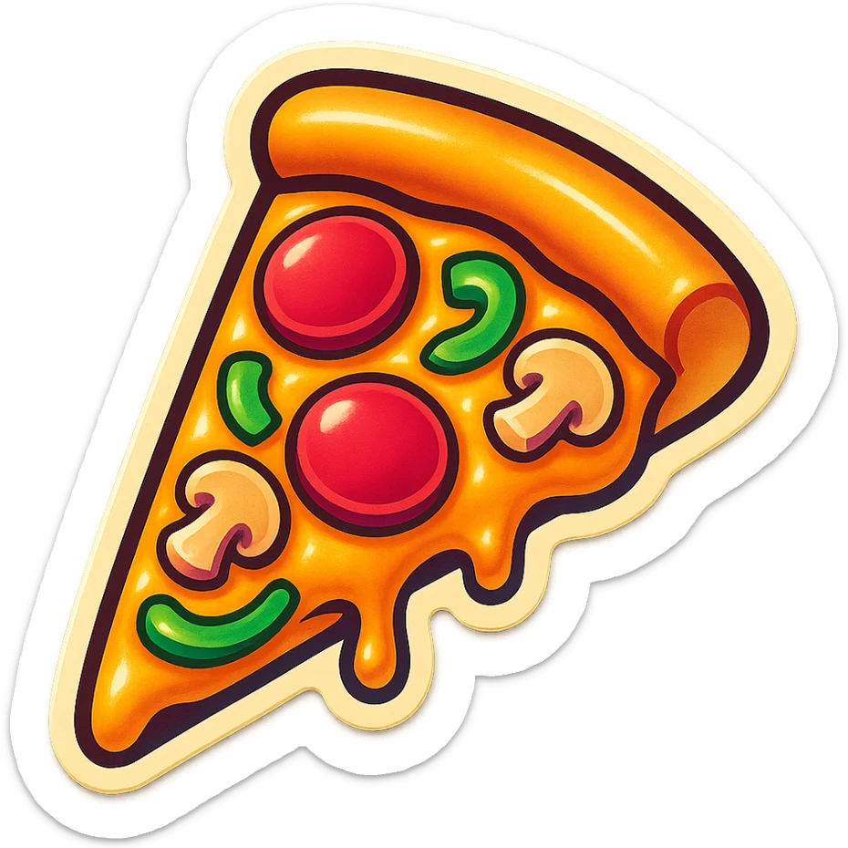 A pizza slice in retro stickers style, with colorful toppings and a playful design sticker