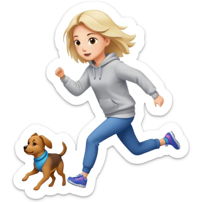 A beautiful girl with fair skin chases a dog in a sweatshirt sticker