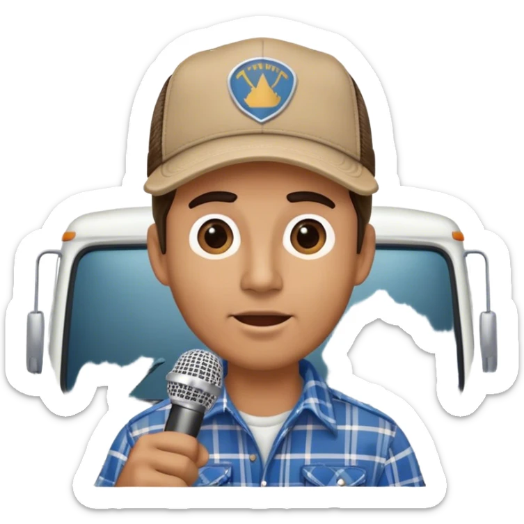 driver of a truck in front of a truck speaking to a microphone interview sticker