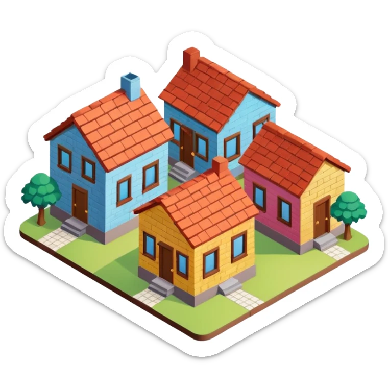 group of 3 houses representing neighborhood isometric houses on transparent background sticker