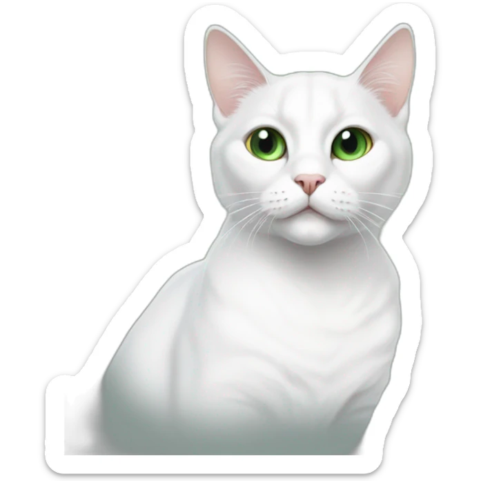 white cat with a large black spot on the top of the head with a white teat in the middle of the spot, with green eyes sticker
