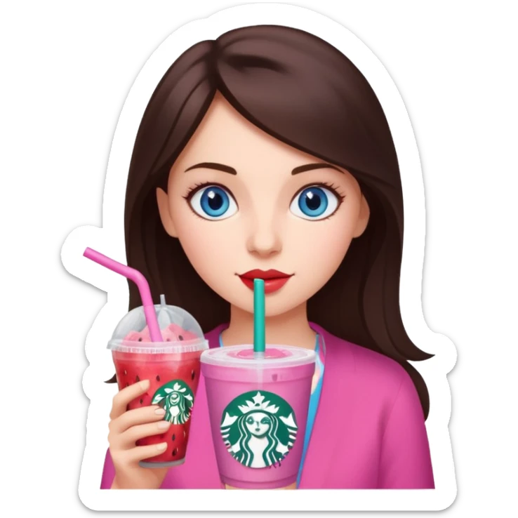 make an emoji of a brunette blue eye girl wearing pink drinking a strawberry acai refresher from starbucks sticker