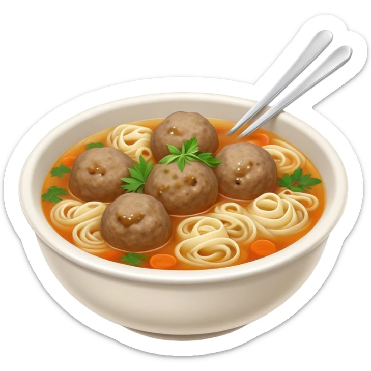Cinematic Realistic Bakso Dish Emoji, showcasing savory meatball soup with noodles rendered with detailed textures and warm, inviting lighting. sticker