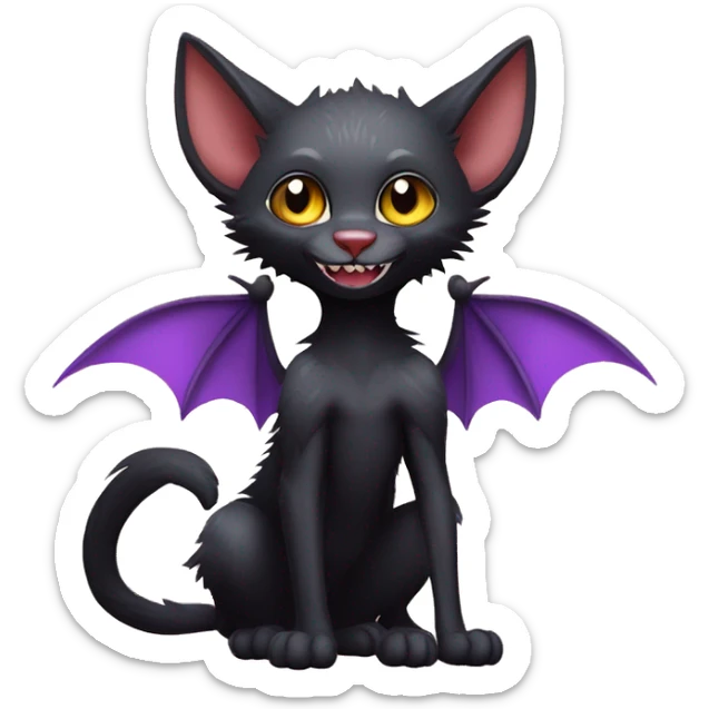 Black vampiric magical Lykoi Cat-Fakémon with big fangs and bat wings on head and bat wings on back full body sticker