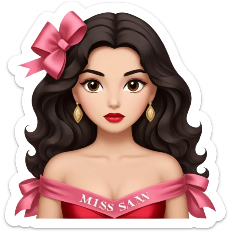 A woman with almond-toned skin, dark voluminous hair in waves, expressive eyes with soft lashes and shimmer, full lips with a glossy nude-pink color, wearing a red dress and a white sash with “Miss San Juan” in black letters, exuding elegance and confidence. sticker