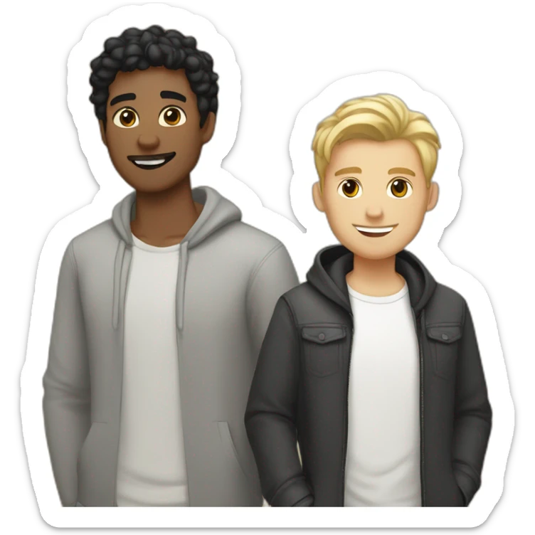 Gay couple, 1 guy Latino black straight black hair and 1 Australian white guy with blonde slightly curly hair holding a cat sticker