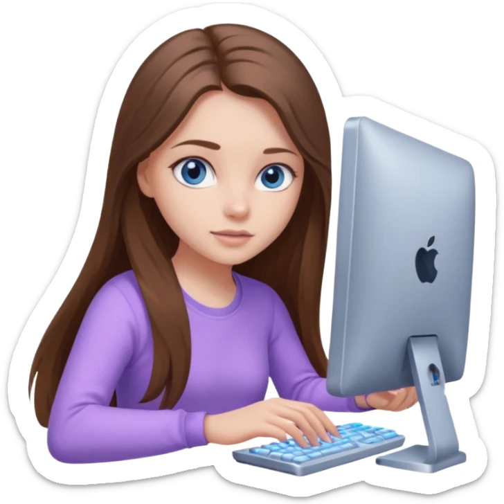 beautiful girl with long brown hair, blue eyes and wearing light purple clothes playing computer games sticker