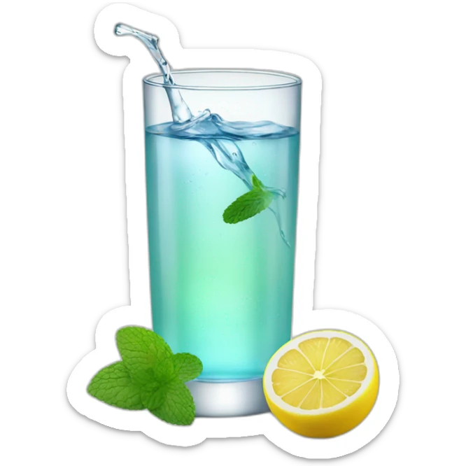 a glass of water with a slice of lemon and mint sticker