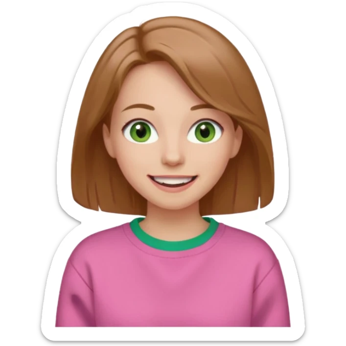  Una donna con una felpa semplice rosa, senza cappuccio. i capelli sono lunghi fino alle spalle marroni chiaro,gli occhi sono verdi e la bocca è contenta  sticker