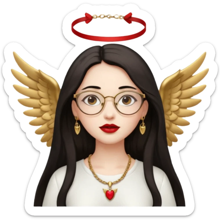 Angel girl with eyeglasses and long dark hair with red lipstick  and push gold necklaces and dark eyes with withe wings sticker