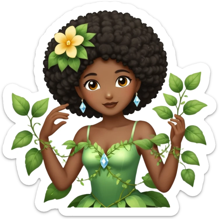 Dreamy diamond nature fairy with brown eyes Afro black hair dark skin touching a flower vine dancing sticker