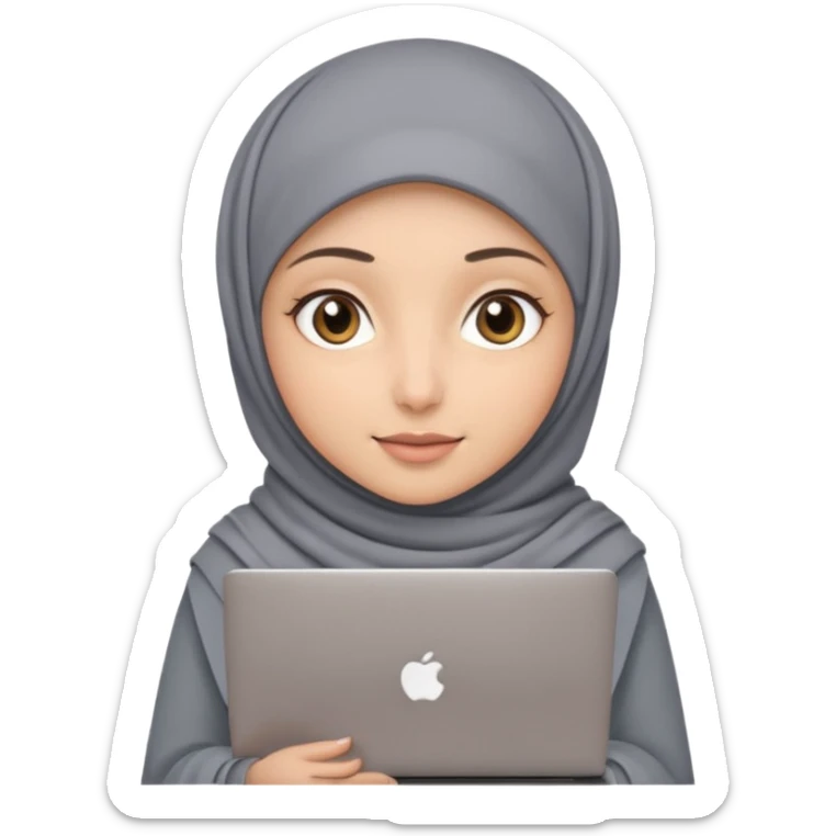 A girl wearing a gray hijab and with hazel eyes is carrying a laptop, not a laptop, just a regular laptop. Not mat bock  sticker