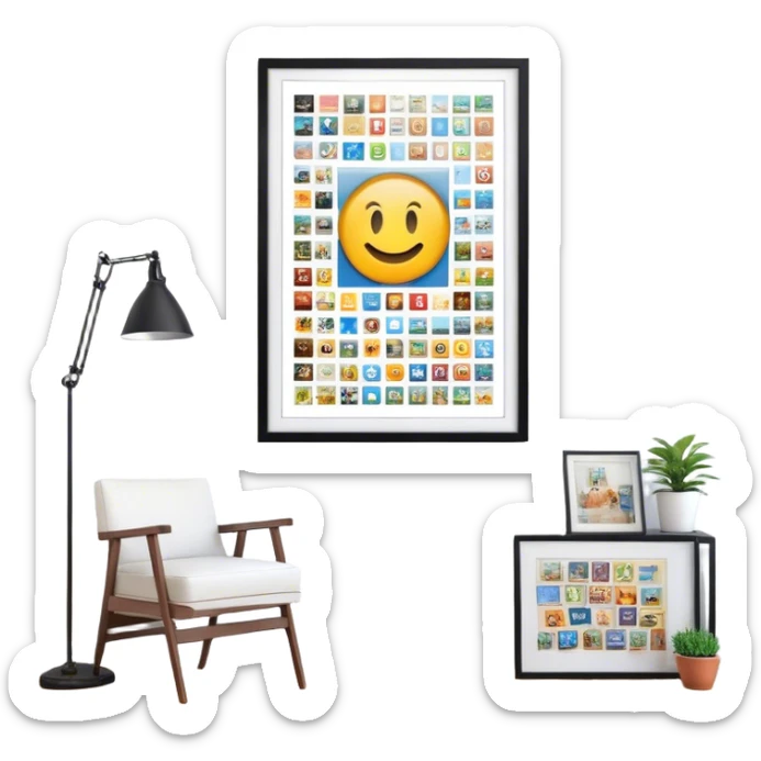 Icon for Photograph and Poster Collecting: a large poster in the center, surrounded by various-sized framed photographs. The icon should capture the charm of collecting photos and posters, arranged artistically on a wall. Transparent background. sticker