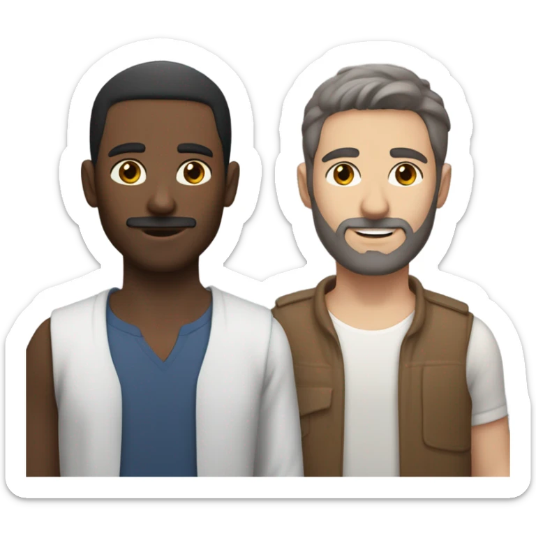 gay couple. One Middle Eastern brown fem guy skinny has mid-long cherry hair, and the other guy is a tall slim white British guy with a light dark beard. Show only the faces sticker