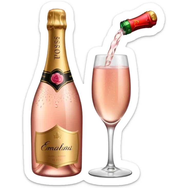 bottle of sparkling rose champagne tilted up and to the right sticker