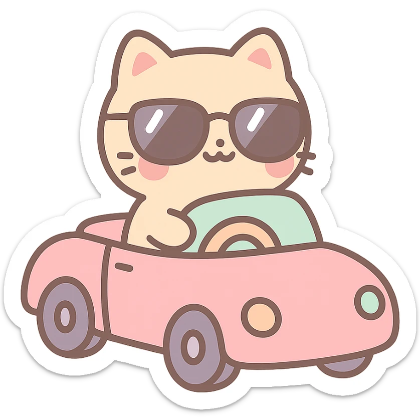 chat avec des lunettes de soleil dans une voiture décapotable, style kawaii sticker