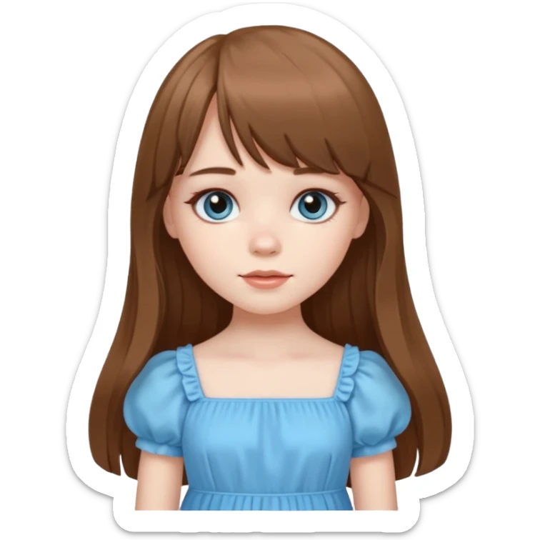 A pale girl with very long brown hair with bangs and a layer longer than that, wearing a cute sky blue dress and cute doll makeup.  sticker