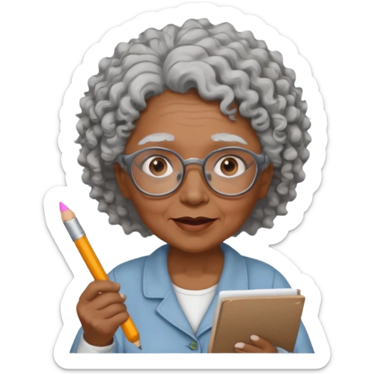 old woman teacher, brown skin, curly grey white hai, wearing glasses, hold chalk on hand sticker