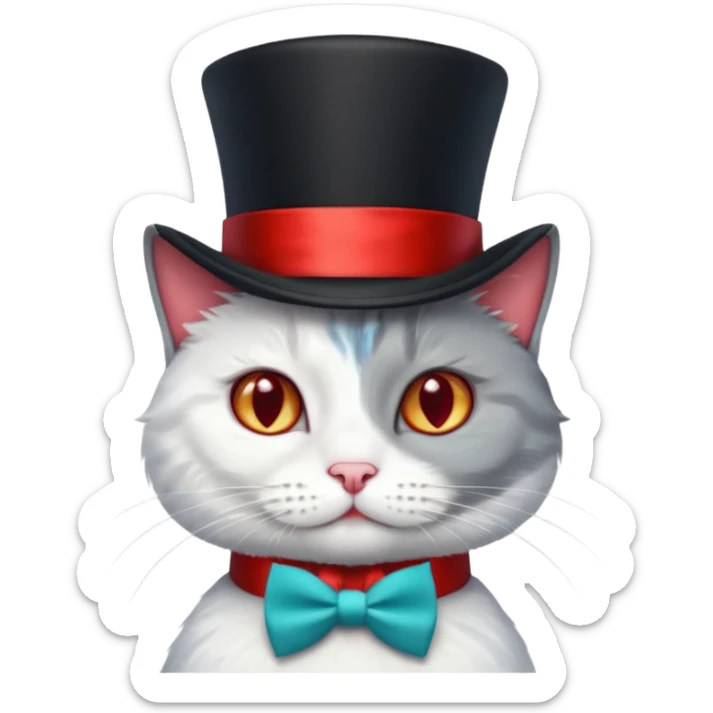  Kater in grau weiß, mit schwarzem Zylinder, der eine rote Banderole auf dem Kopf hat, der etwas schräg ist, so dass nur ein Ohr zu sehen ist. Der Kater schaut gerade nach vorne und am Hals hat er eine kleine, rote Schleife. Die Augen sind türkisfarben am funkeln mit kleinen, weißen Lichtreflexen. sticker