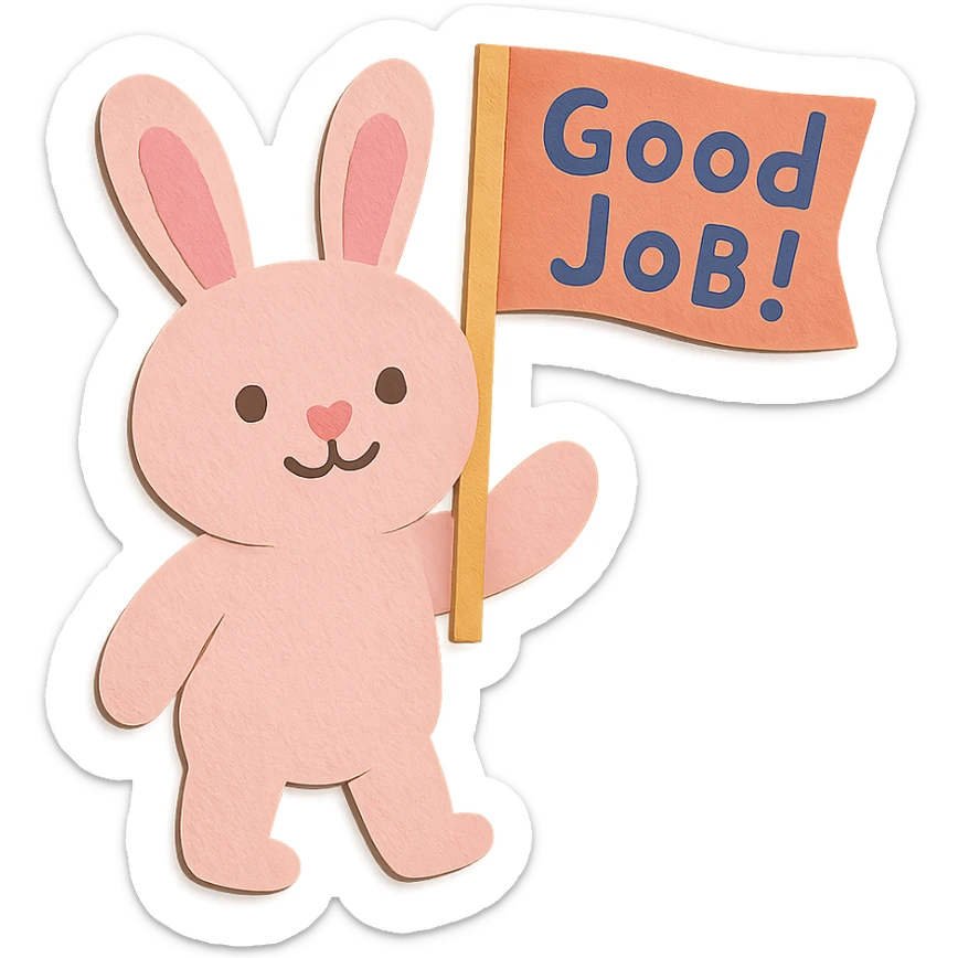 Adjust the paper-craft style baby pink bunny so the 'Good Job!' flag is held upright and clearly visible, with the flag in a natural waving position. Keep the text readable and the bunny's pose friendly. sticker