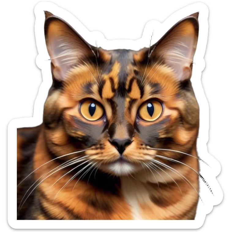 Cinematic Noble Tortoiseshell Cat Portrait Emoji, Poised and dignified, showcasing a luxurious, mottled fur of rich browns and blacks, with elegantly arched whiskers and a determined yet gentle expression, simplified yet meticulously detailed, glowing with a subtle, regal radiance, high shine, embodying quiet nobility and refined charm, soft glowing outline, capturing the essence of a sophisticated tortoiseshell cat exuding quiet authority! sticker