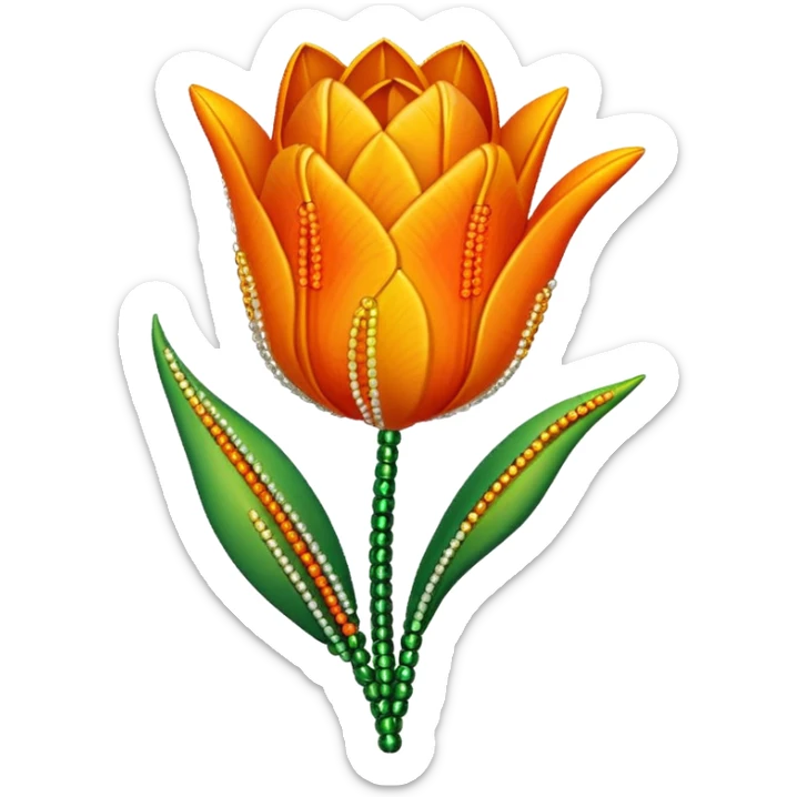 french beaded tulip, floral craft, sparkling glass beads, orange and yellow gradient petals, green foliage, realistic, elegant, no background sticker