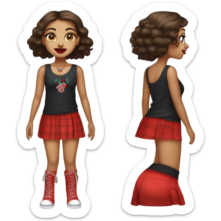 Una chica de cabello azabache con cuerpo voluptuoso con sus labios pintados de rojo con un vestido rojo y ojos azules fuertes alado de un chico de cabello negro con tatuajes por el cuerpo de ojos grises vestido con un pantalón negro y una blusa negra sticker