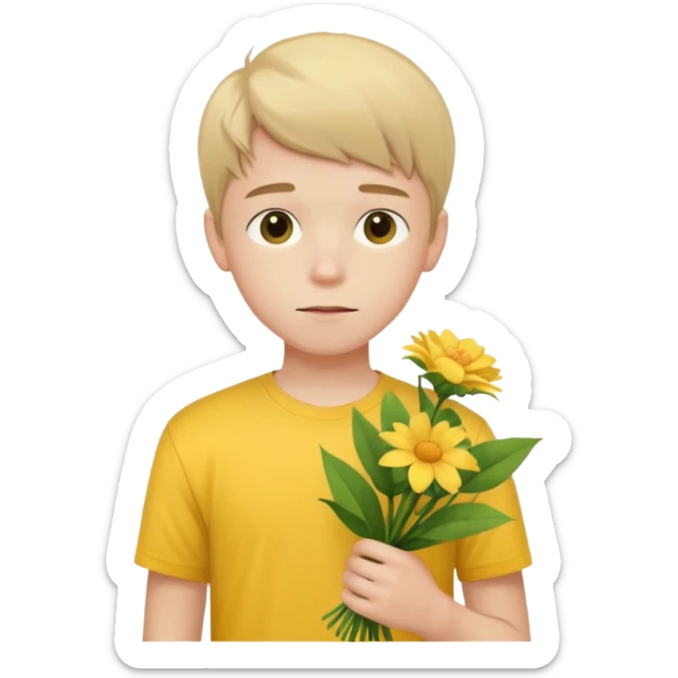 generate an ios genmoji of a 20 year old fair boy with 3 very faint upper lip  hair. should look like he cant grow a mustache., carrying a flower bouquet, wearing a yellow tshirt, looking shy sticker