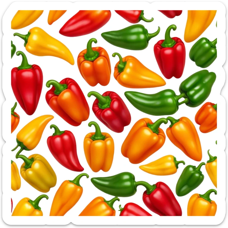 Cinematic bright colorful peppers, glossy and fresh, arranged in a vibrant mix of red, yellow, and green, warm glowing background, fresh and lively. sticker