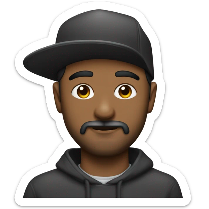 Hombre de tez clara, con ojos claros, barba fina y perilla, gorra negra bordada, y sudadera gris. Expresión relajada y estilo urban sticker