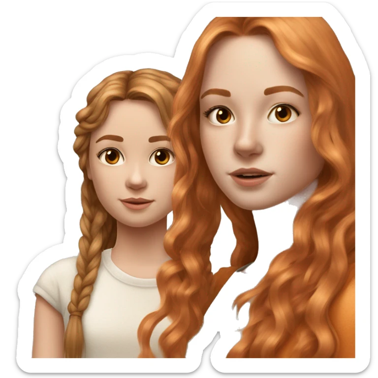 serene two girls. one has tan skin wavy brunette hair and the other has pale skin natural soft orange hair delicate fringe. standing together in gentle light. calm and content. hyper-realistic soft textures fine details glow on skin sticker