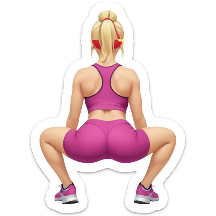 buxom blonde fitness trainer, back view, bending over, squatting on soles, SFW, sporty outfit, playful pose, no nudity sticker