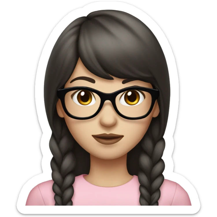 coquette Girl with long dark brown hair and bangs and black glasses pale skin pink long sleeve shirt sticker