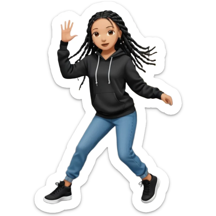 African American girl light skin with long black box braids wearing plain black hoodie wearing skinny jeans dancing in street sticker