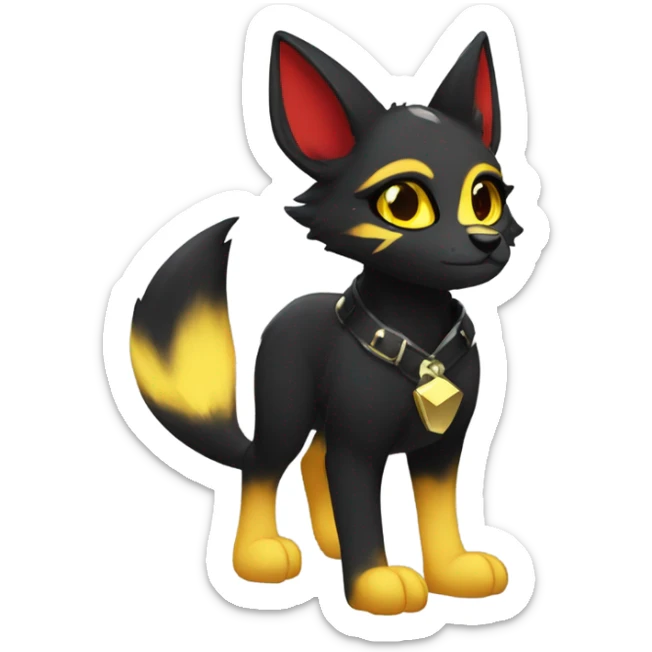 black Shiny Fionbri-Falvie-sparkle-sona with yellow eyes, red edgy markings full body fursona sticker