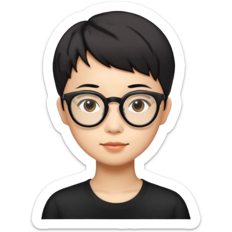 singapore chinese, black very short hair, wear black frame glasses, relatively thin, pokey face sticker