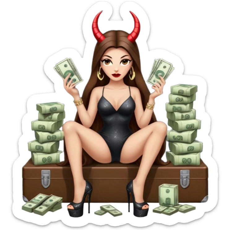 Sensual seductress long brown straight haired sexy drug lord woman with  glitter platform high heels on her feet,  and devil black horns on her head, holding a stack of cash, has a phone in other hand. Sitting on  Cases of drugs. Evil  sticker