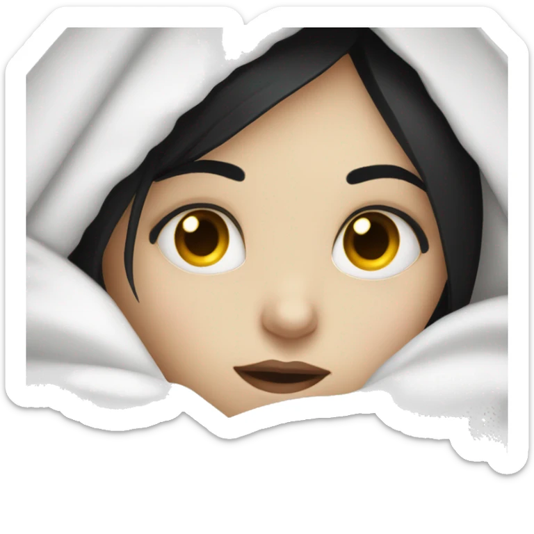 Pale Girl with black hair  laying down cozy in a white blanket sticker