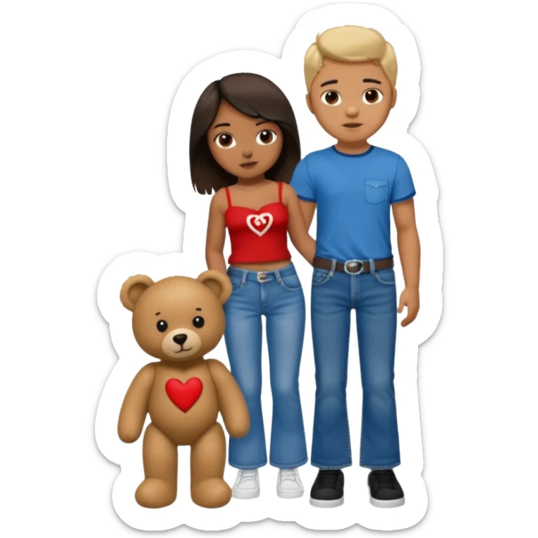 A boy and a girl teddy bear for the boy bear put on true religion shirt and jeans with black shoes and for the girl put flare jeans and a red tube top and white shoes just bears not the humans  sticker